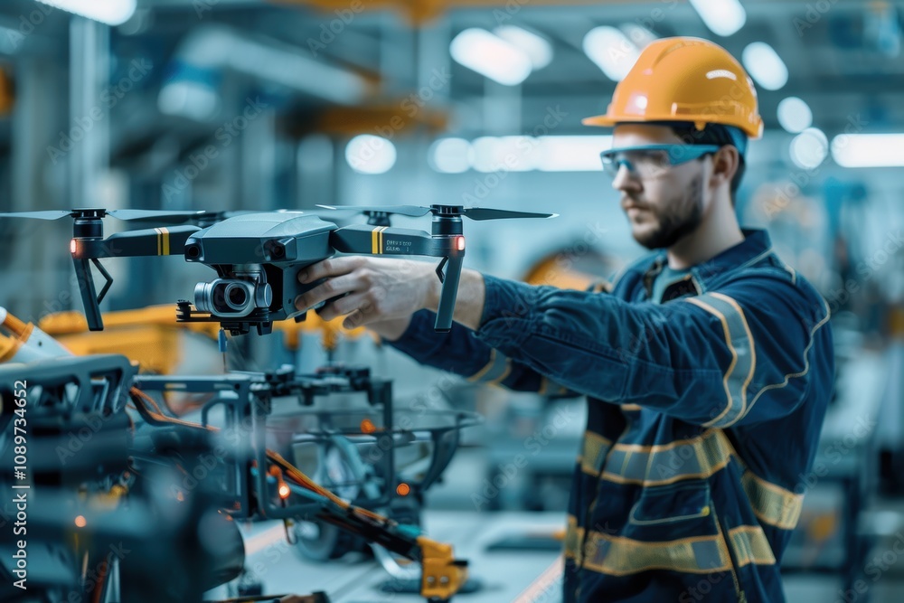 Poster engineer adjusting drone on cutting-edge production line with advanced machinery