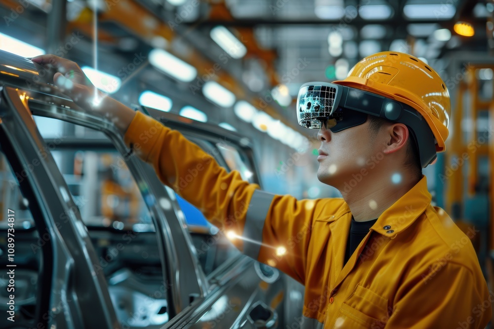 Poster engineer utilizing augmented reality glasses in advanced automobile assembly line technology