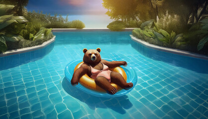 3D brown bear relaxing in the pool, floating