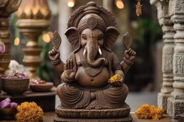 Fototapeta premium Intricately carved wooden statue of Lord Ganesha surrounded by flowers and traditional temple decor, symbolizing spirituality and devotion.