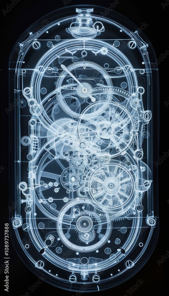 Poster x-ray of clock mechanism revealing intricate gears for educational and design use