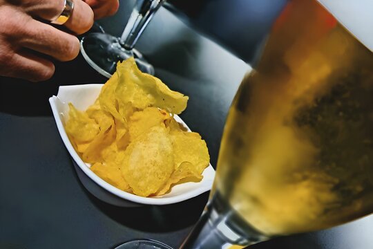 Macro de mesa de bar con aperitivo de patatas fritas, cervezas y mano de hombre