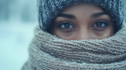 A woman caught in the snowfall, wearing a large, thick scarf and a winter coat, having covered most...