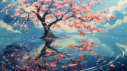 A serene landscape featuring a cherry blossom tree reflecting in calm waters, surrounded by gently falling petals.
