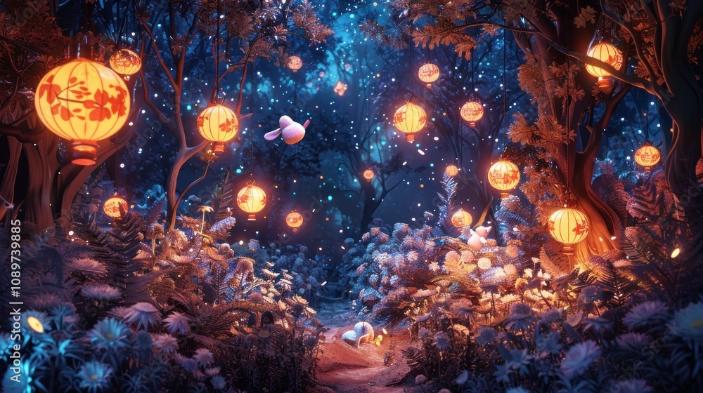 Aufkleber a magical forest path illuminated by glowing lanterns at night with a small rabbit in the foreground