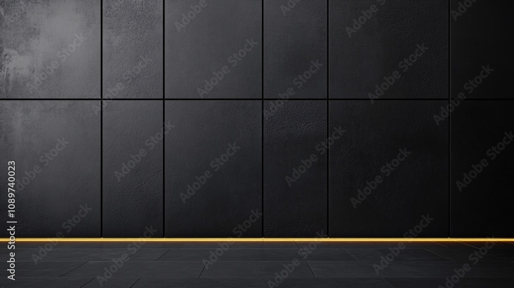 Poster a minimalist black wall with a subtle texture, featuring a thin golden stripe along the bottom, crea