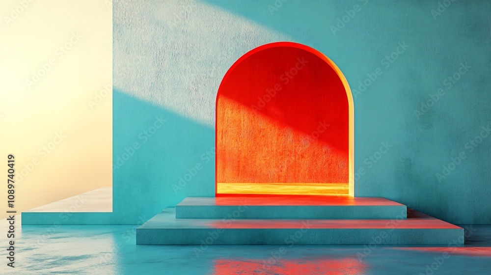 Poster a vibrant, modern architectural space featuring a red archway and steps, illuminated by colorful lig