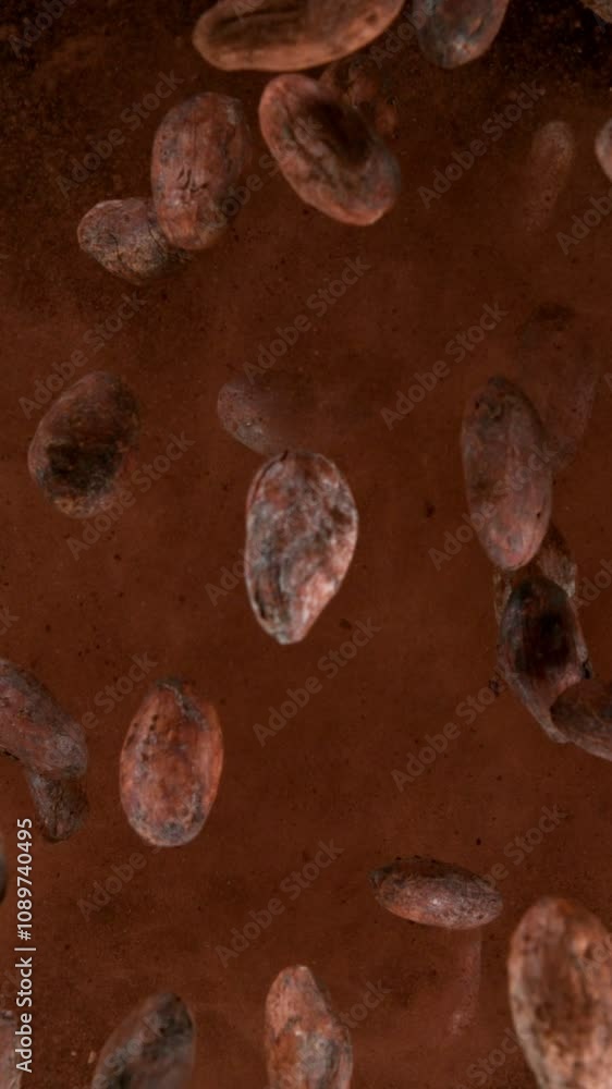 Aufkleber Super Slow Motion of Falling Group of Cocoa Beans. Falling Down into Cocoa Powder. Filmed on High Speed Cinema Camera, 1000fps.