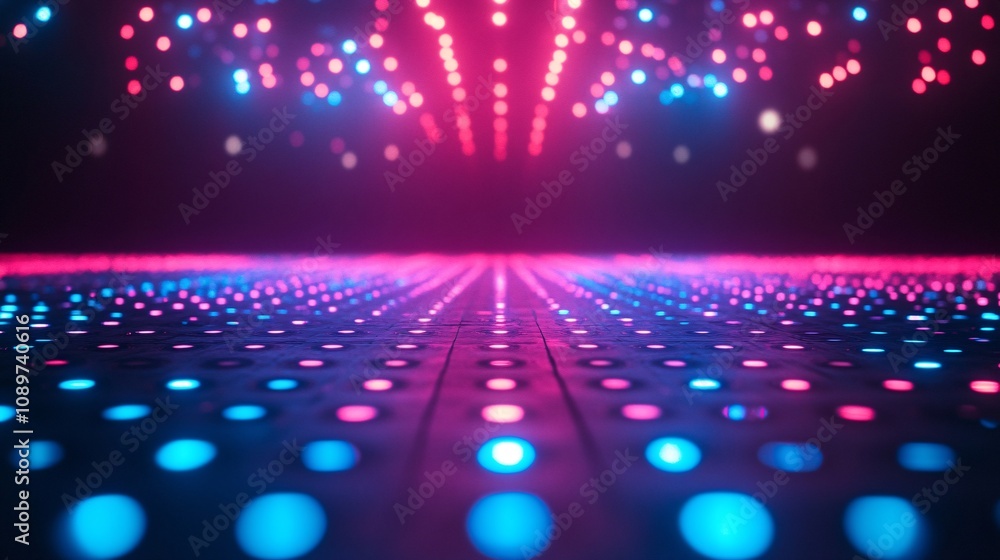 Poster a vibrant, illuminated dance floor with colorful lights creating a dynamic atmosphere, perfect for p