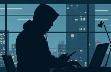 A man in a black hoodie sits at a computer, holds a phone in his hands and dials a number against the backdrop of a city. The concept of fighting phone scammers, hackers. Low key, dramatic light.