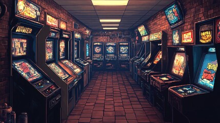 A nostalgic arcade filled with vintage pinball machines, illuminated screens, and a cozy, brick-walled atmosphere.