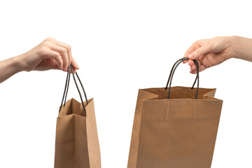 Paper bag in woman hand isolated on a white background.