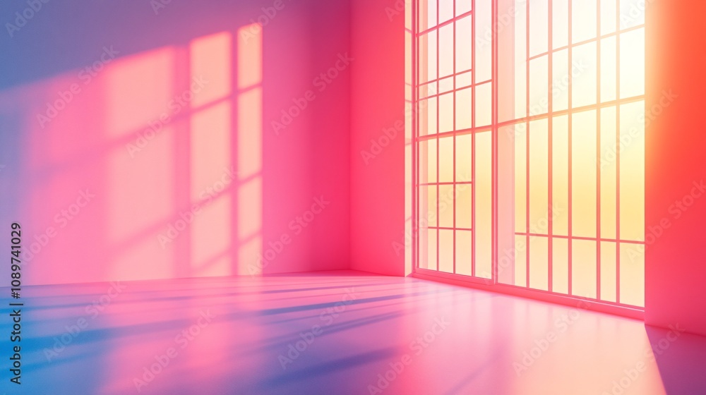 Poster a modern, brightly lit room with colorful reflections from large windows, creating an inviting and v