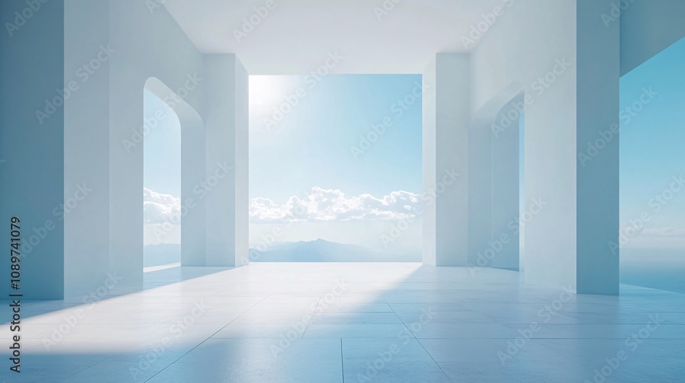 Poster a bright, minimalistic interior space with large openings, showcasing a serene view of clouds and bl