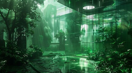 Obraz premium A futuristic, overgrown structure blending nature and technology, showcasing lush greenery and reflective surfaces.
