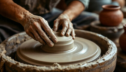 Artisan hands shaping wet clay on a spinning pottery wheel, capturing the artistry and dedication of traditional craftsmanship.