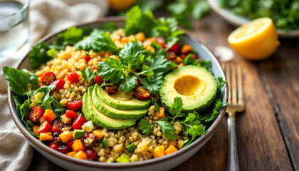 A vibrant bowl of couscous salad with avocado, cherry tomatoes, herbs, and fresh ingredients, served on a rustic wooden table.