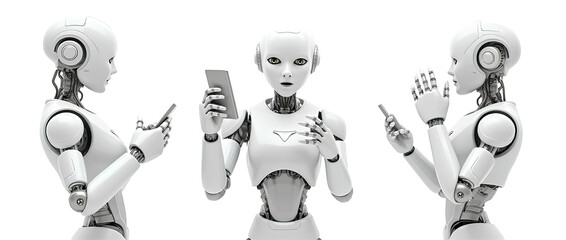 Collection of Ai robot using tablet isolate on transparency background PNG artificial intelligence future robotic person cyber binary machine learning technology 3D astronaut innovation digital