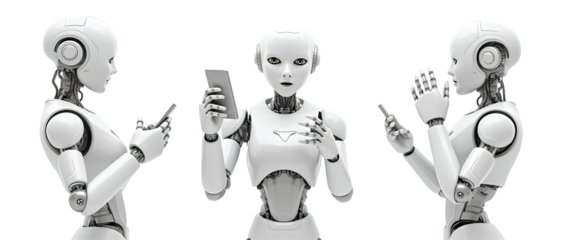 Collection of Ai robot using tablet isolate on transparency background PNG artificial intelligence future robotic person cyber binary machine learning technology 3D astronaut innovation digital