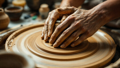 Close-up of artisan hands delicately working on a piece of pottery, highlighting the intricate details of traditional craftsmanship.