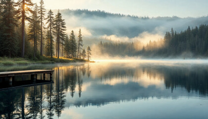 A tranquil lake surrounded by misty pine forests at sunrise, with golden light reflecting on the still water, evoking peace and natural beauty.