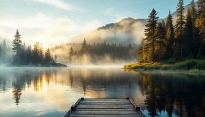 A serene mountain lake surrounded by misty pine forests at sunrise, with golden light reflecting on calm waters.