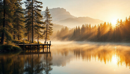 Golden autumn forest with tall trees and a carpet of fallen leaves, creating a peaceful and scenic natural landscape.