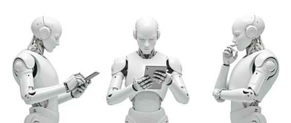 Collection of Ai robot using tablet isolate on transparency background PNG artificial intelligence future robotic 3D person cyber binary machine learning technology astronaut digital innovation