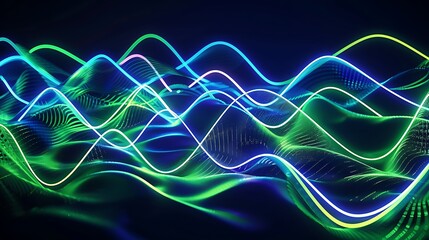 Fototapeta premium A dynamic neon lights pattern with pulsating neon arcs and waves of electric green and blue on a dark background