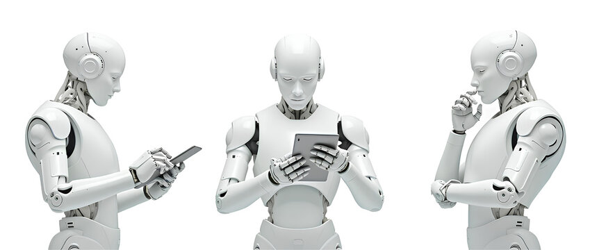 Collection of Ai robot using tablet isolate on transparency background PNG artificial intelligence future robotic 3D person cyber binary machine learning technology astronaut digital innovation