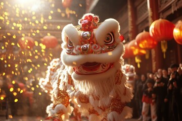 Fototapeta premium A lion dance performance in front of a decorated temple, energetic crowd and festive atmosphere, cinematic action