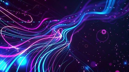 A dynamic neon lights pattern with glowing neon lines and circles in electric blue, purple, and magenta hues against a dark background