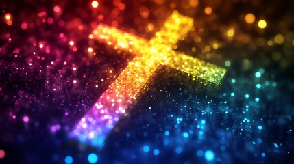 Sparkling rainbow cross on bokeh background.
