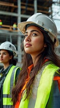 portait of two hispanic female construction workers wearing a helmet in a construction site