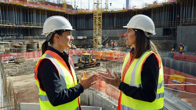portait of two female construction workers wearing a helmet in a construction site