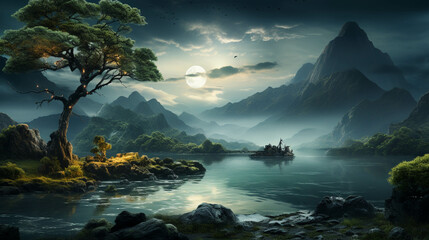 A lake surrounded by mountains with a tree beautiful scenery