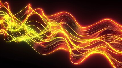 Obraz premium A dynamic neon lights pattern with pulsating waves of neon yellow and orange against a deep black background