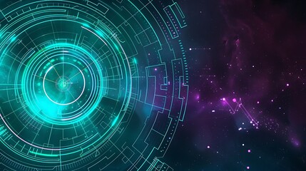 Obraz premium A futuristic neon lights abstract background with glowing neon circles and lines in shades of teal and purple against a dark space backdrop