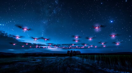 A swarm of drones illuminates the night sky with their vibrant lights, creating a mesmerizing spectacle against the backdrop of the Milky Way. 