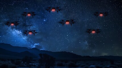  a swarm of drones flying in formation against a backdrop of a starry night sky and a mountainous landscape.
