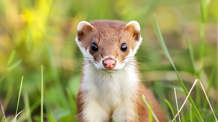 A close-up of a small weasel-like animal in a grassy environment, showcasing its curious expression.