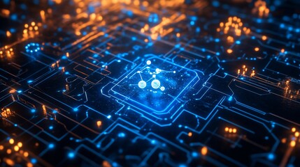 Obraz premium Glowing digital circuit board with central processing unit.
