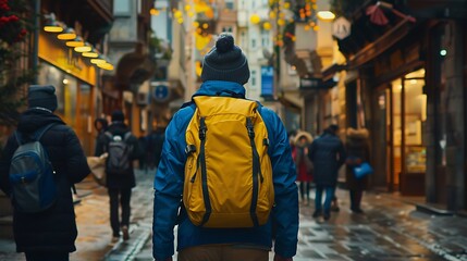 Fototapeta premium A person with a yellow backpack walks through a vibrant city street, surrounded by other pedestrians and shops.