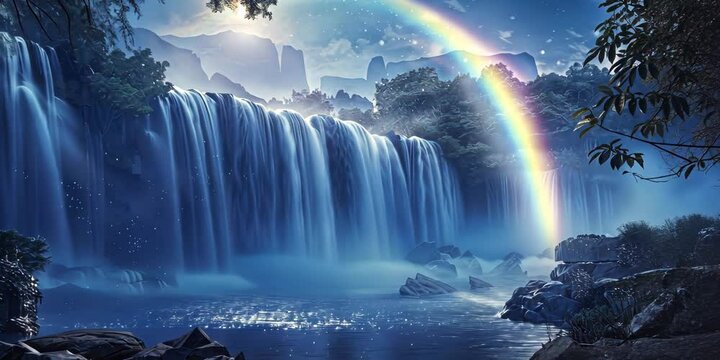 Ethereal moonbow arching over a cascading waterfall, blending moonlight with mist in a serene natural setting, 4K Video
