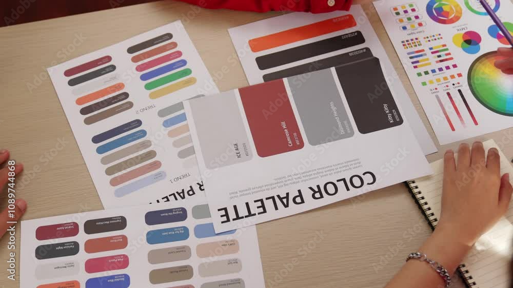 Poster top view slow motion hand closeup on table of two designer choose color for graphic design working o