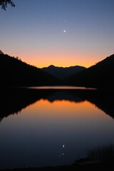 Obraz premium Twilight Reflections Serene Mountain Lake Sunset Starry Peaceful Sky, Natures Beauty in Dusk