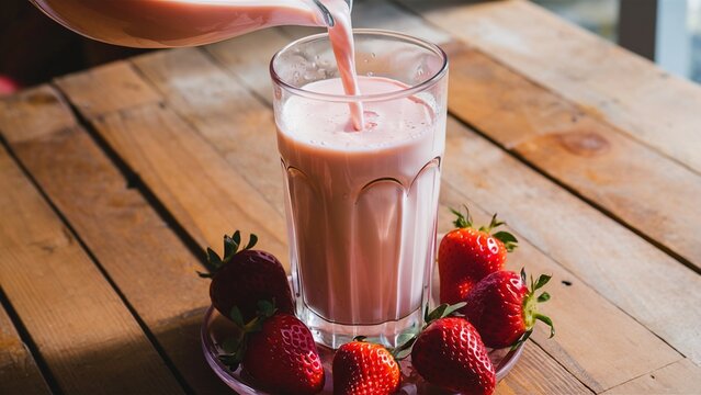 Strawberry Milk Being Poured Into a Clear Glass with Fresh Strawberries