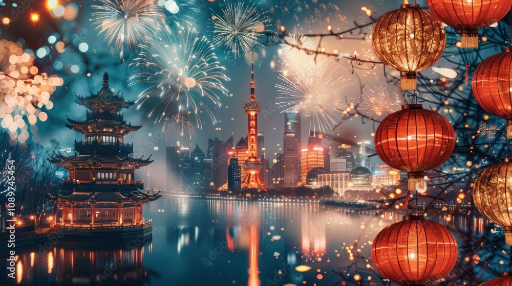 Poster a vibrant cityscape with fireworks exploding over a lake in front of a traditional chinese pagoda, w
