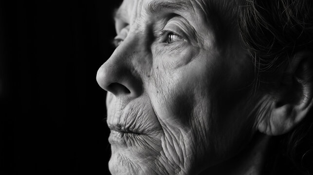 black and white portrait of a senior Caucasian woman with pensive expression, Alzheimer's awareness, copy space - Powered by Adobe