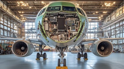 Airplane nose section undergoing maintenance in hangar, revealing complex avionics and internal structure.